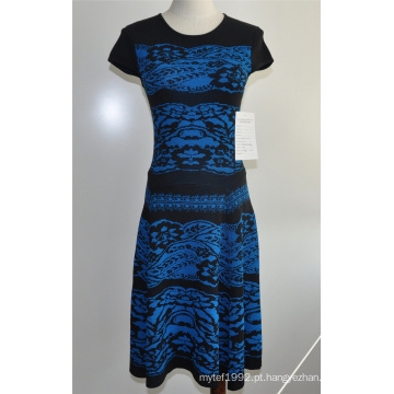 Elegante Mulheres Padrão Knit Rodada Neck Sweater Dress